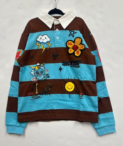 Long Sleeve Polo Shirt With Heavy Print Effects & Patch Works