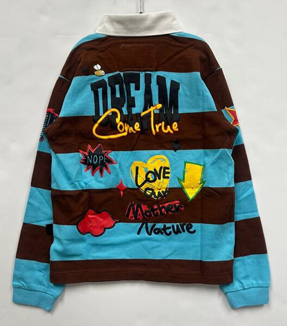 Long Sleeve Polo Shirt With Heavy Print Effects & Patch Works