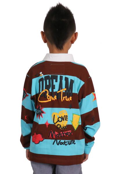 Long Sleeve Polo Shirt With Heavy Print Effects & Patch Works
