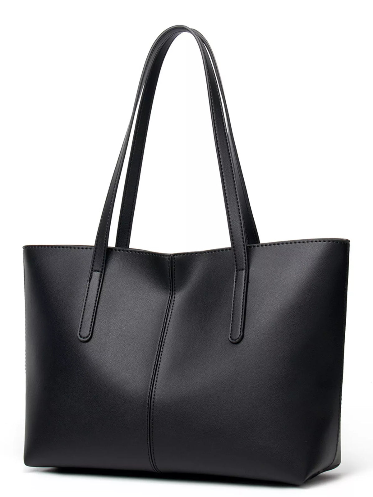 A black faux-leather tote bag with dual shoulder straps, shown from a three-quarter angle on a plain white background.
