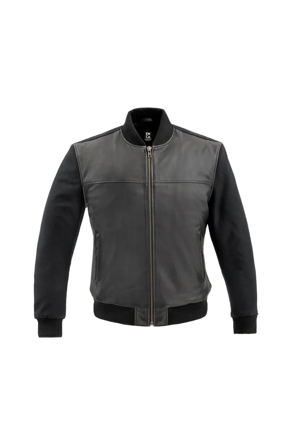 Gray leather jacket with black sleeves on a light gray background