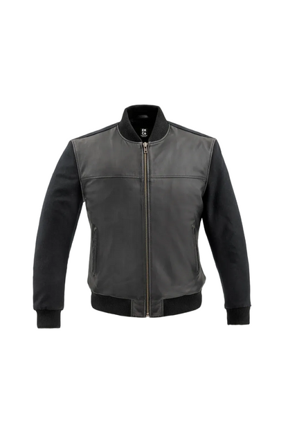 Gray leather jacket with black sleeves on a light gray background