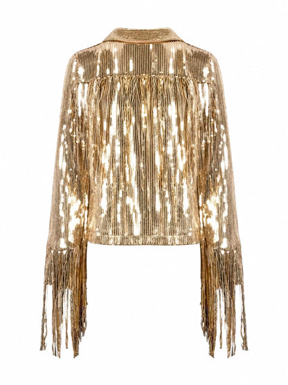 Glamorous Gold Sequin Fringe Statement Jacket — alternate product view | KRIFFA