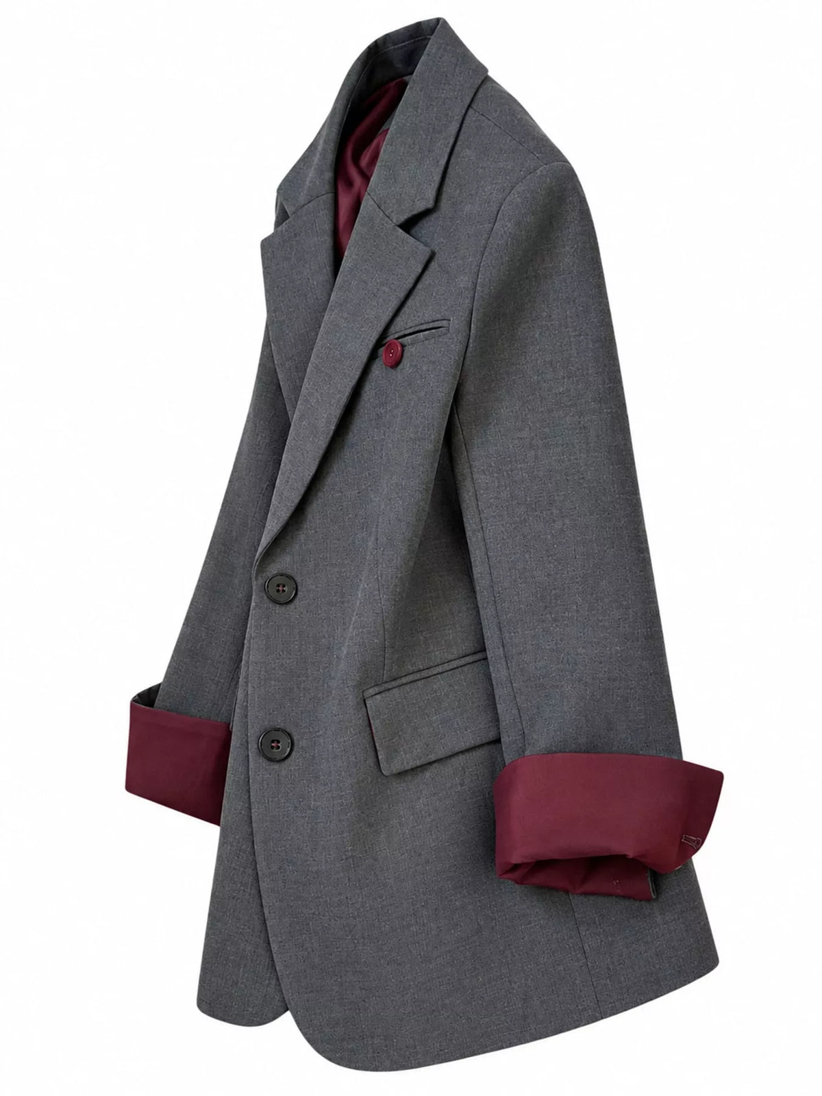 A gray double-breasted blazer with a contrasting burgundy lining visible on the inner collar, cuffs, and pocket square, shown against a plain white background.