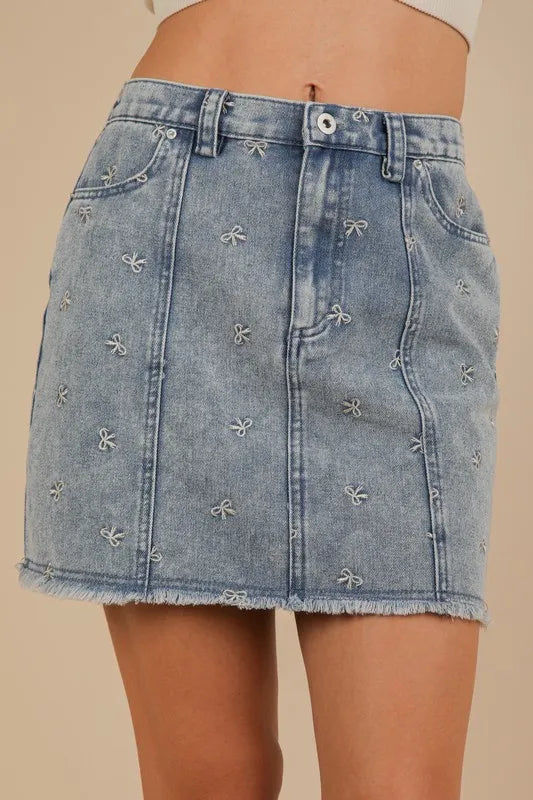 Bow Printed Casual Denim Mini Skirt.