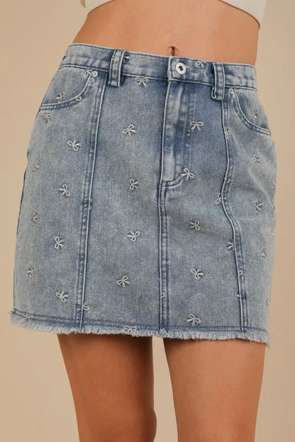 Bow Printed Casual Denim Mini Skirt.