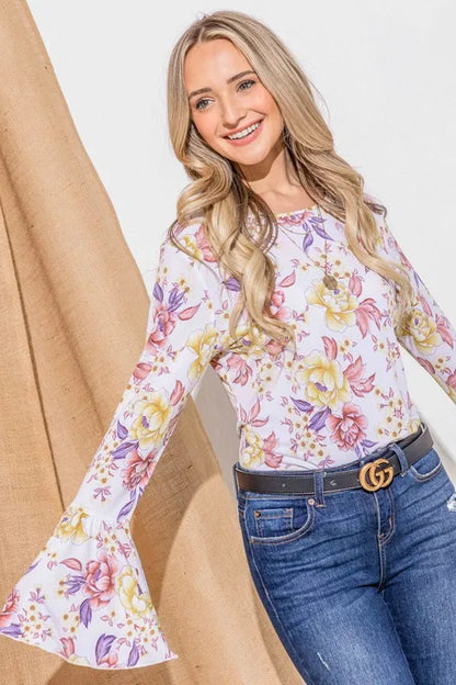 Floral Printed Bell Sleeve Casual Top.