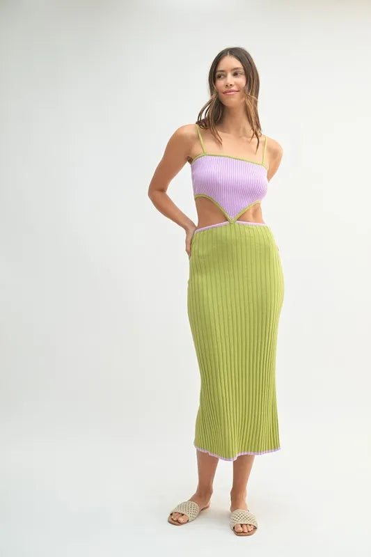 Ribbed Knit Color Block Cutout Midi Dress.
