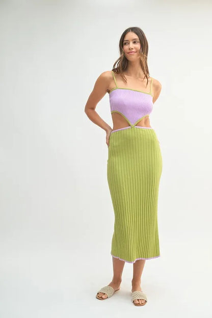 Ribbed Knit Color Block Cutout Midi Dress.
