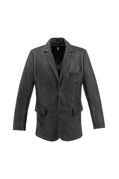 Black leather jacket on a light gray background