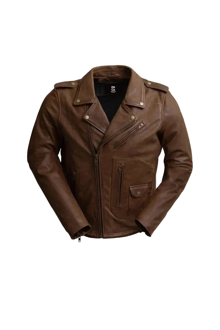 Brown leather jacket on a light gray background
