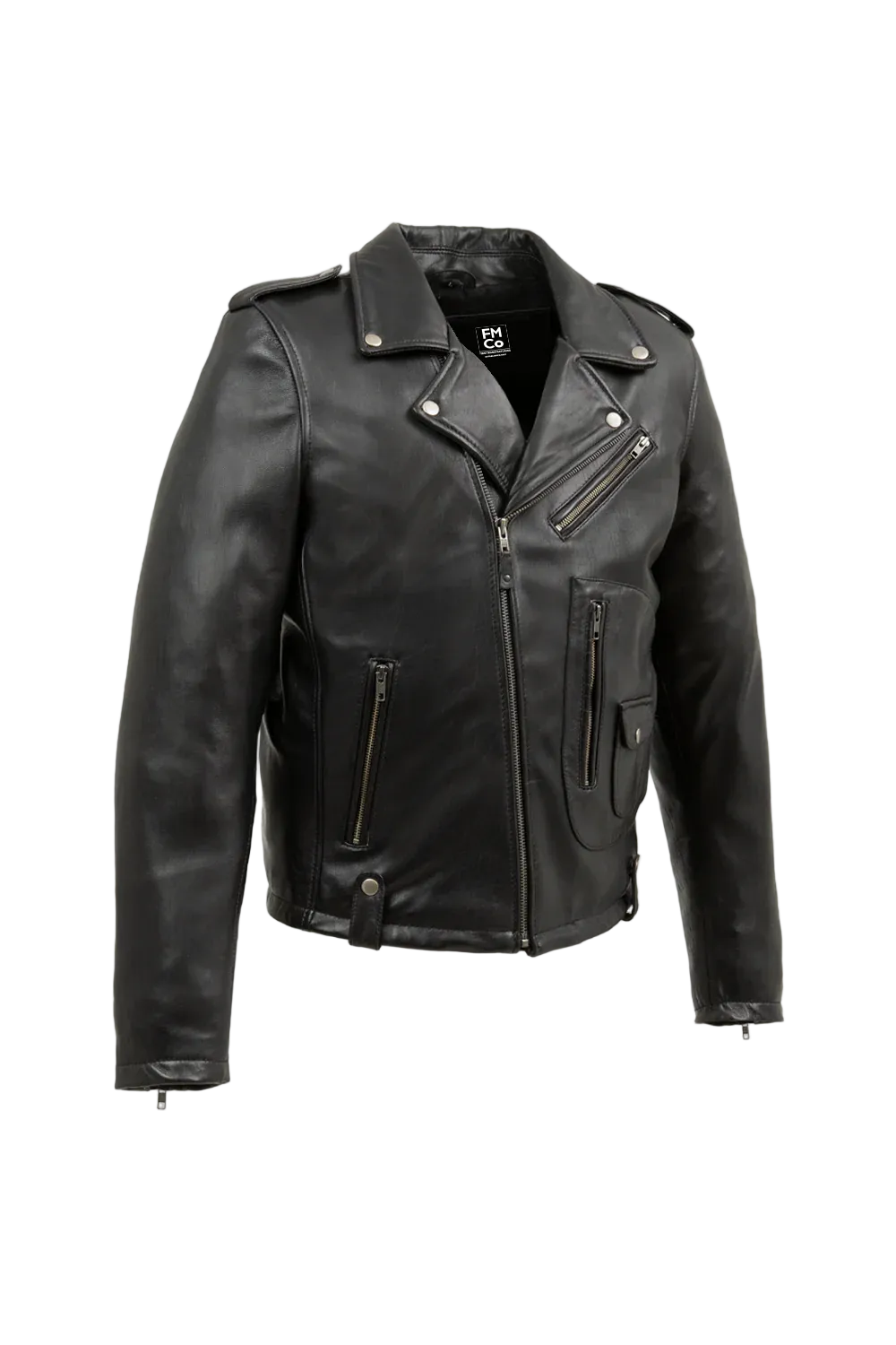 Black leather jacket with zippers on a light gray background