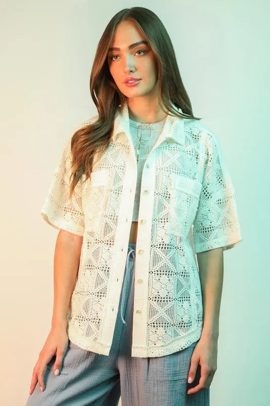 Oversized Crochet Button Down Shirt Top.