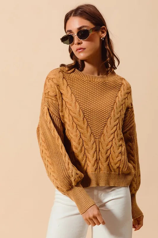 Mineral Washed Loose Fit Textured Cable Sweater.