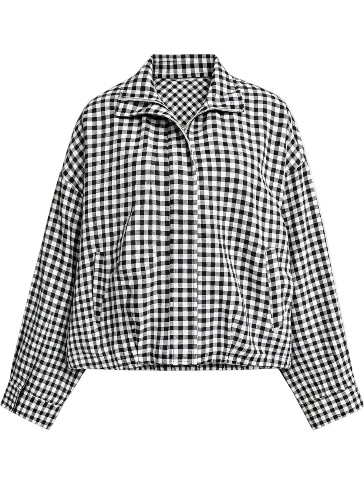 A black and white gingham check jacket with a collar and front zipper, displayed on a clean white background.