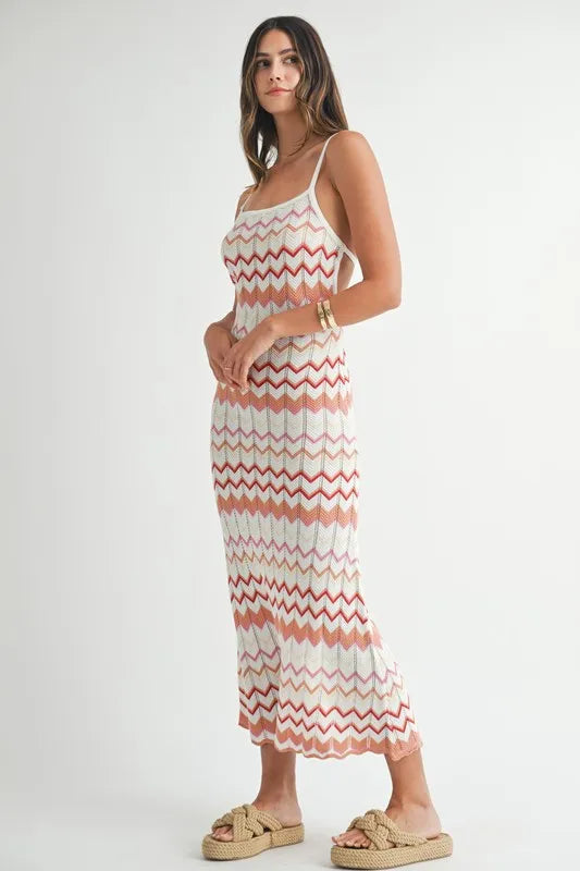 Lightweight Pointelle Chevron Knit Maxi Dress.