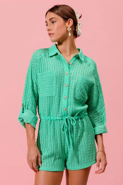 Textured Knit Button Front Romper.