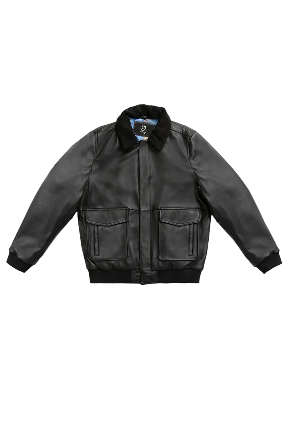 Black leather jacket with fur collar on a light gray background