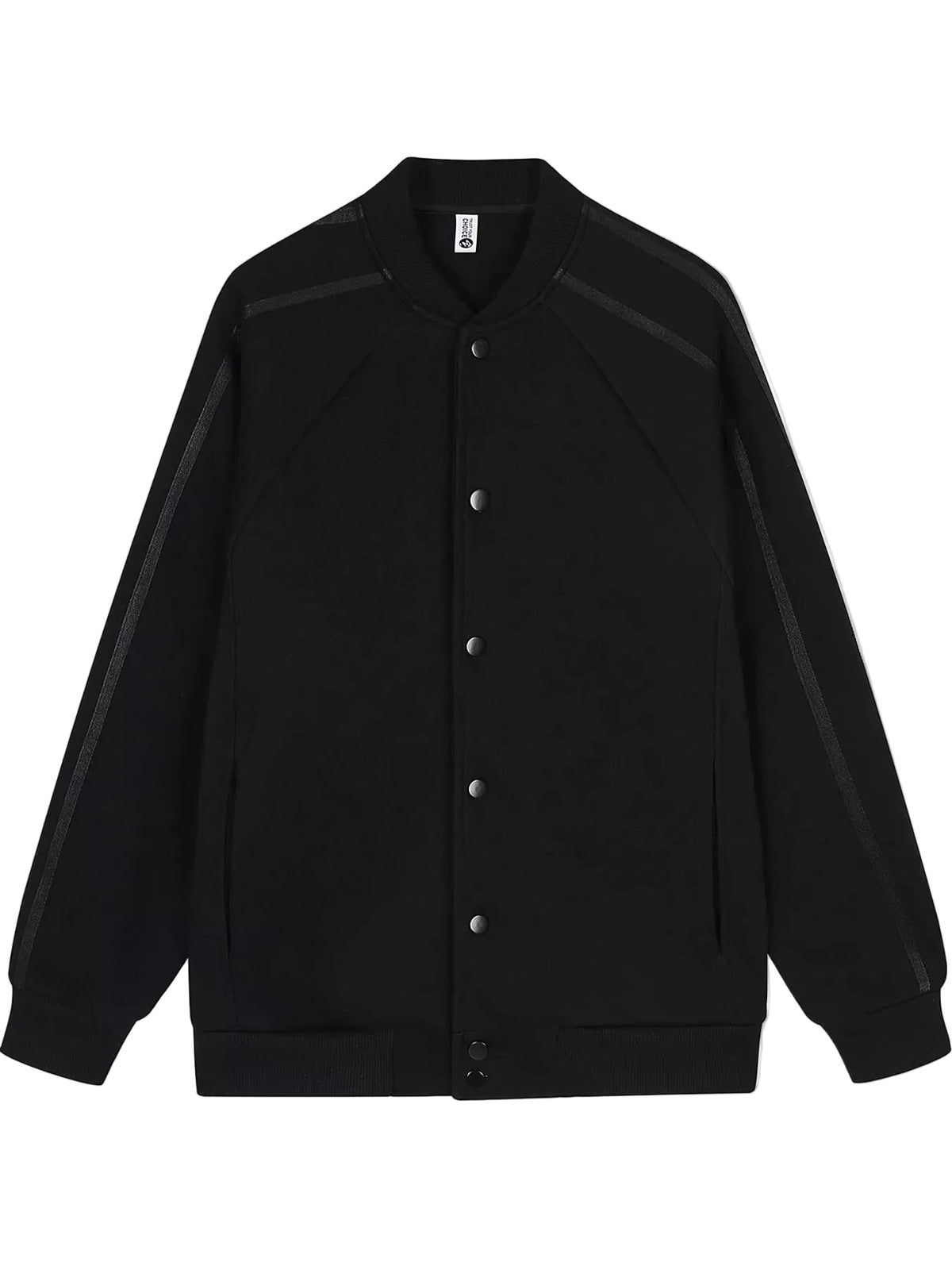 A black long-sleeve button-up jacket with a ribbed collar, cuffs, and hem, featuring subtle dark contrast panels on the shoulders and along the sleeves.