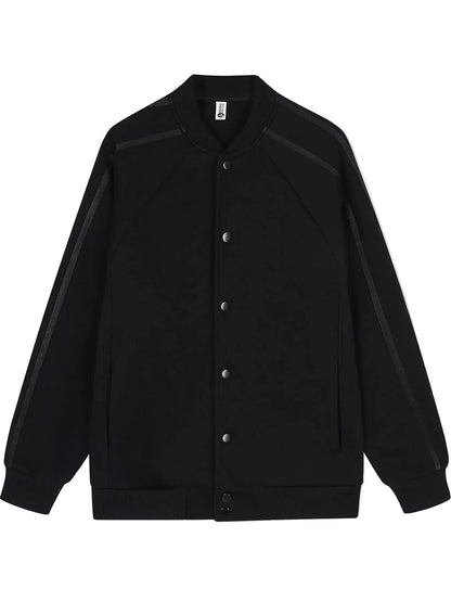 A black long-sleeve button-up jacket with a ribbed collar, cuffs, and hem, featuring subtle dark contrast panels on the shoulders and along the sleeves.