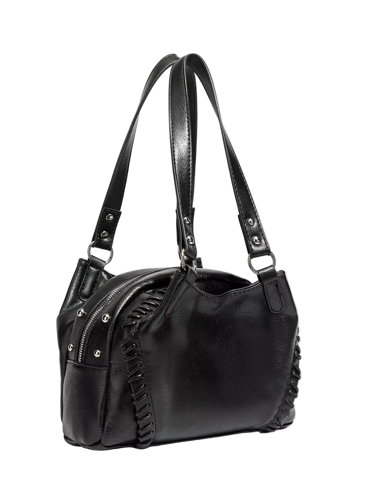 A black leather shoulder bag with braided fringe details and silver-tone hardware, photographed on a light gray background.