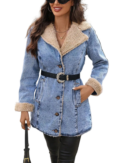 A woman wearing a light blue denim coat with a beige sherpa lining, a black belt with a silver buckle, and black leather pants, standing on a city crosswalk.