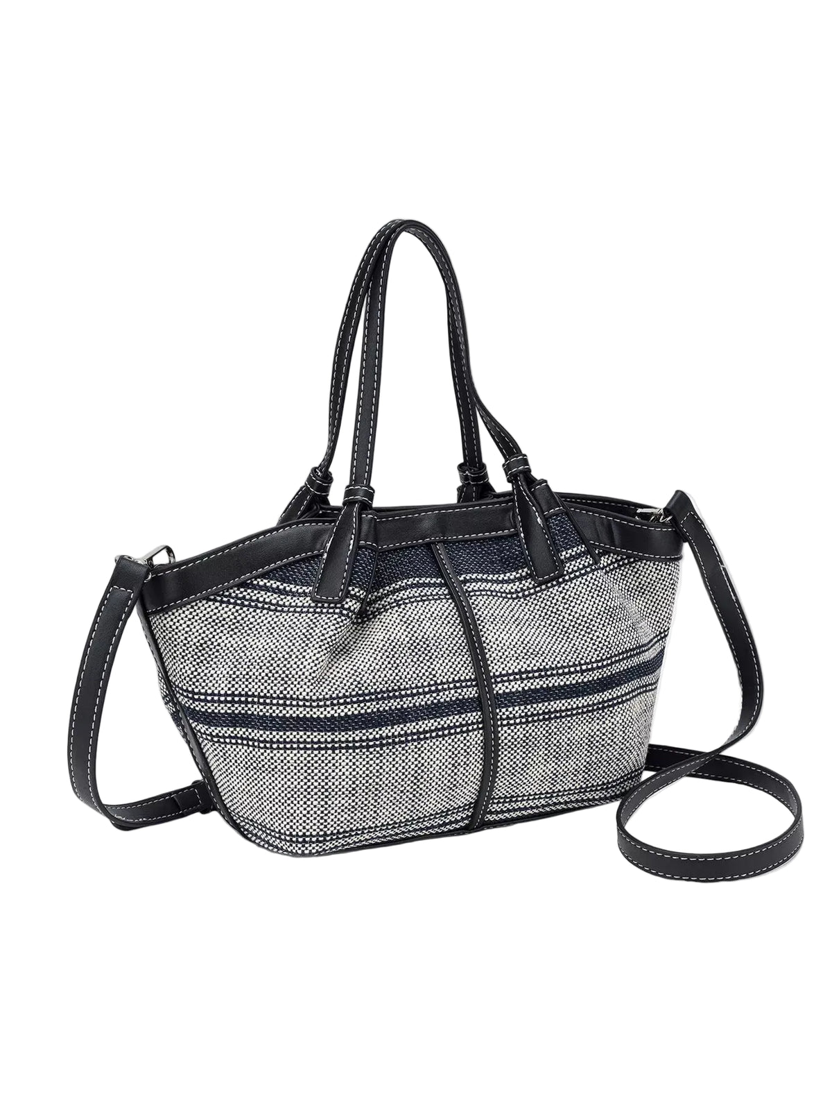 A structured tote bag featuring a black and white herringbone patterned body with solid black leather trim, double top handles, and an adjustable shoulder strap, shown against a plain light gray background.
