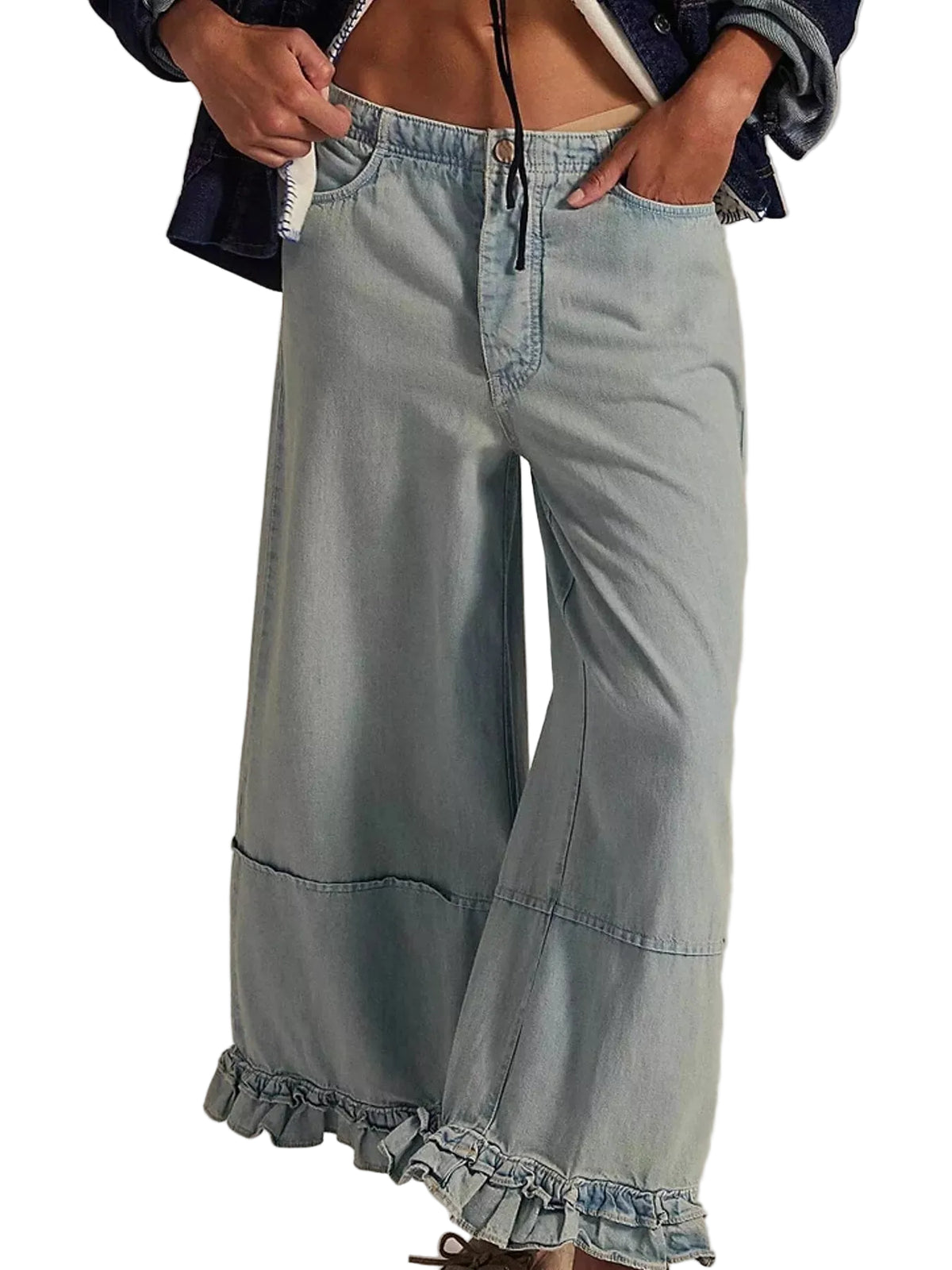 Wide-Leg Ruffle Hem Jeans