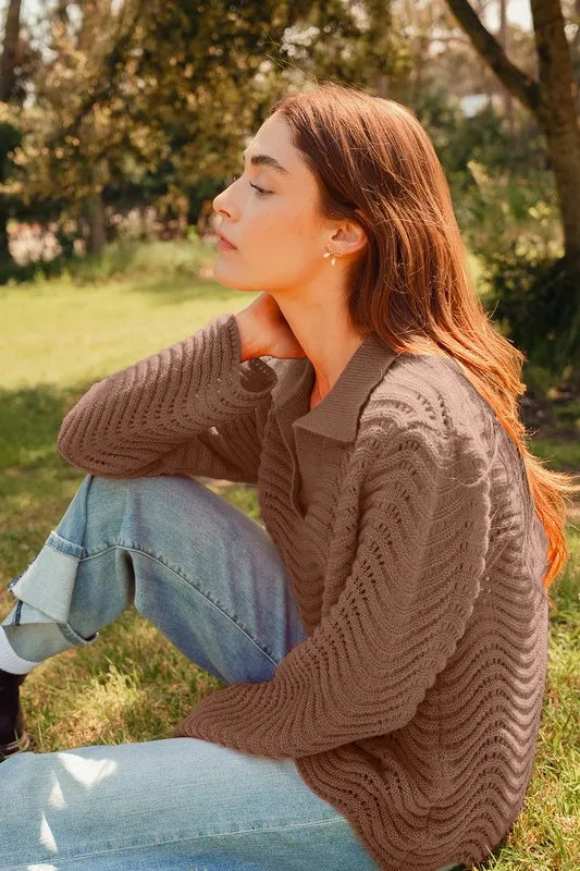 Notched Collar Wavy Texture Sweater Top.