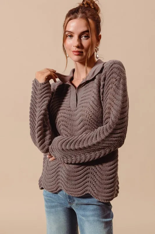 Notched Collar Wavy Texture Sweater Top.