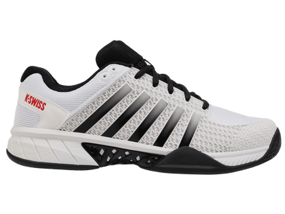 A white K-Swiss athletic shoe with black stripes, black laces, and a red K-Swiss logo on the side, shown from a side profile on a white background.