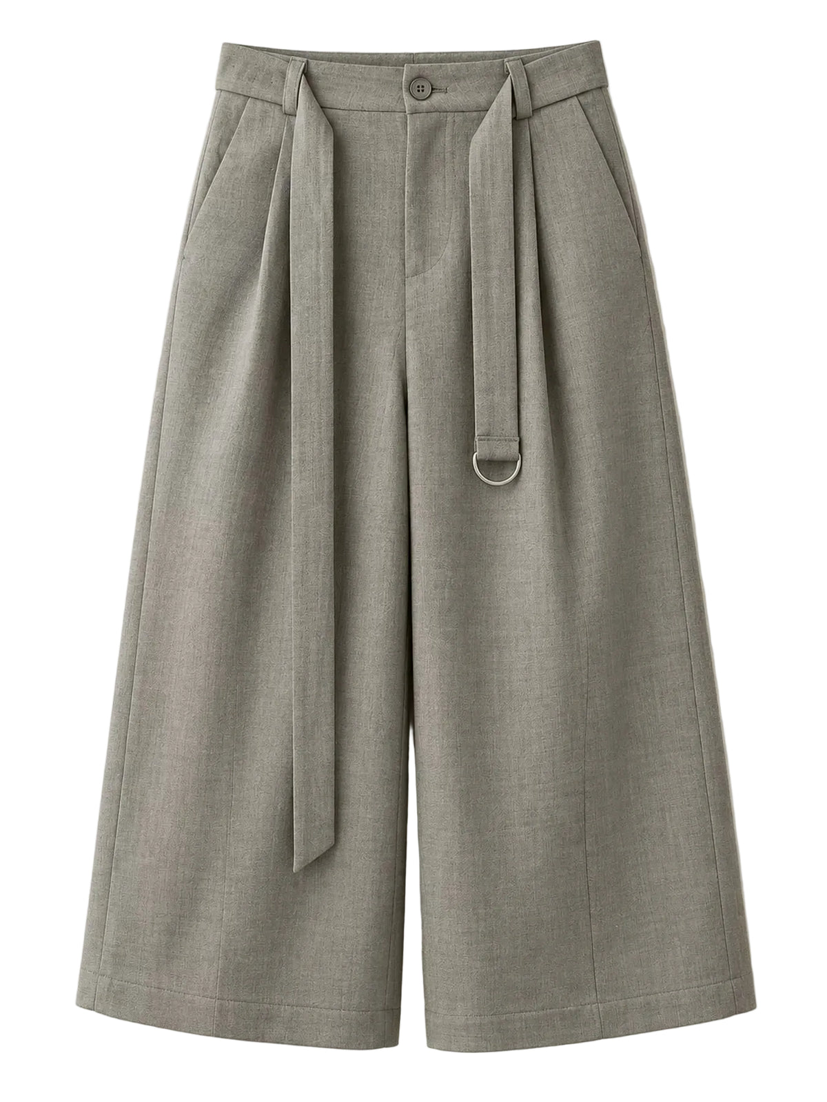 A pair of wide-leg cropped trousers in a textured gray fabric, featuring a matching waist tie with a silver metal D-ring accent, photographed against a clean off-white background.