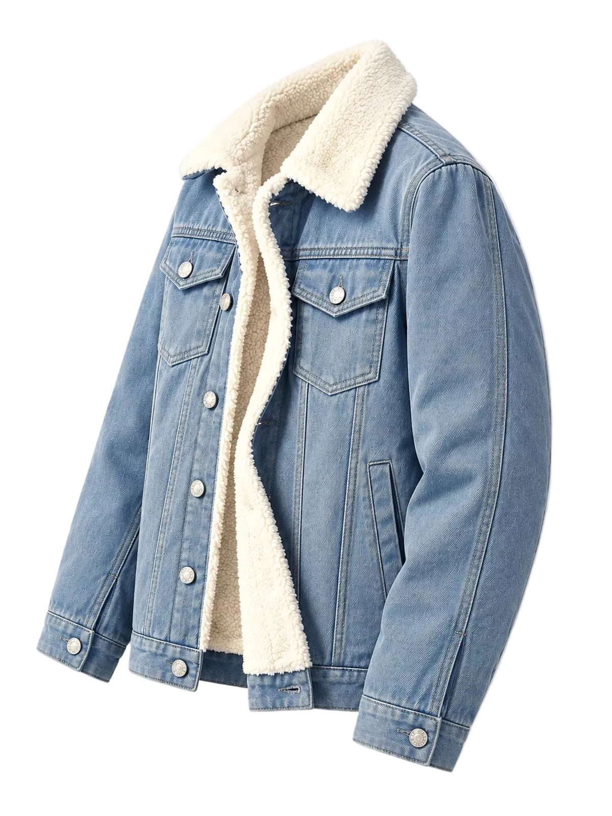 A light blue denim jacket with a thick cream sherpa fleece lining, shown on a clean white background.