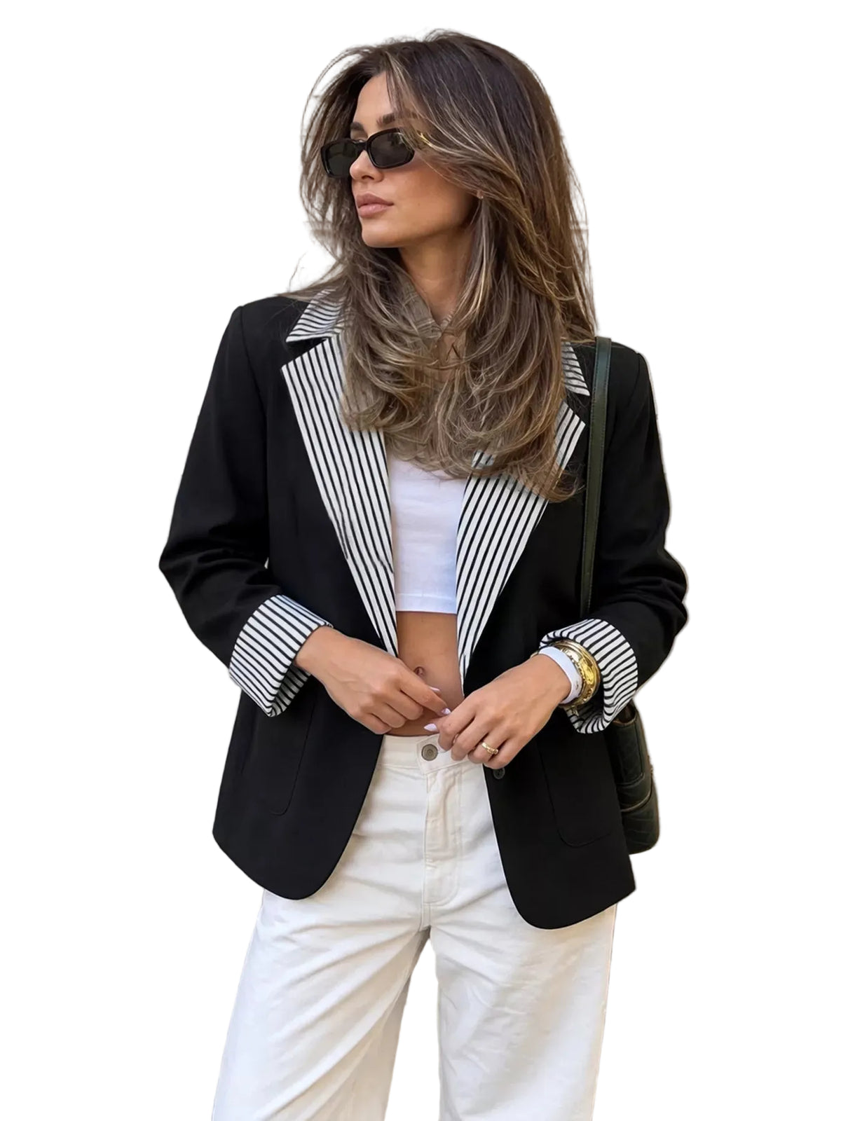 Contrast Striped Lapel Collar Blazer