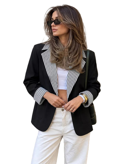 Contrast Striped Lapel Collar Blazer