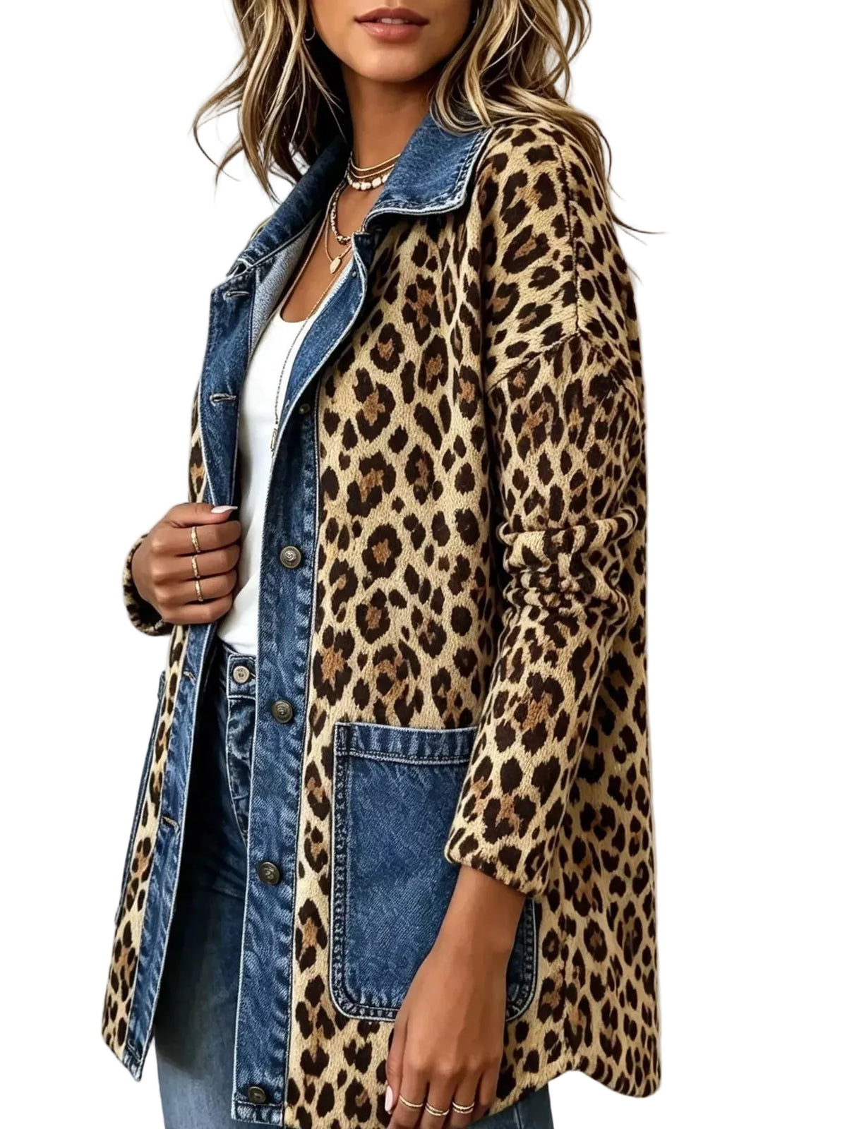 A woman wearing a mixed-media jacket featuring a leopard print body and denim collar, cuffs, and front pockets, layered over a white top and blue jeans.