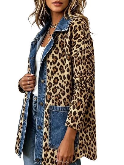 A woman wearing a mixed-media jacket featuring a leopard print body and denim collar, cuffs, and front pockets, layered over a white top and blue jeans.