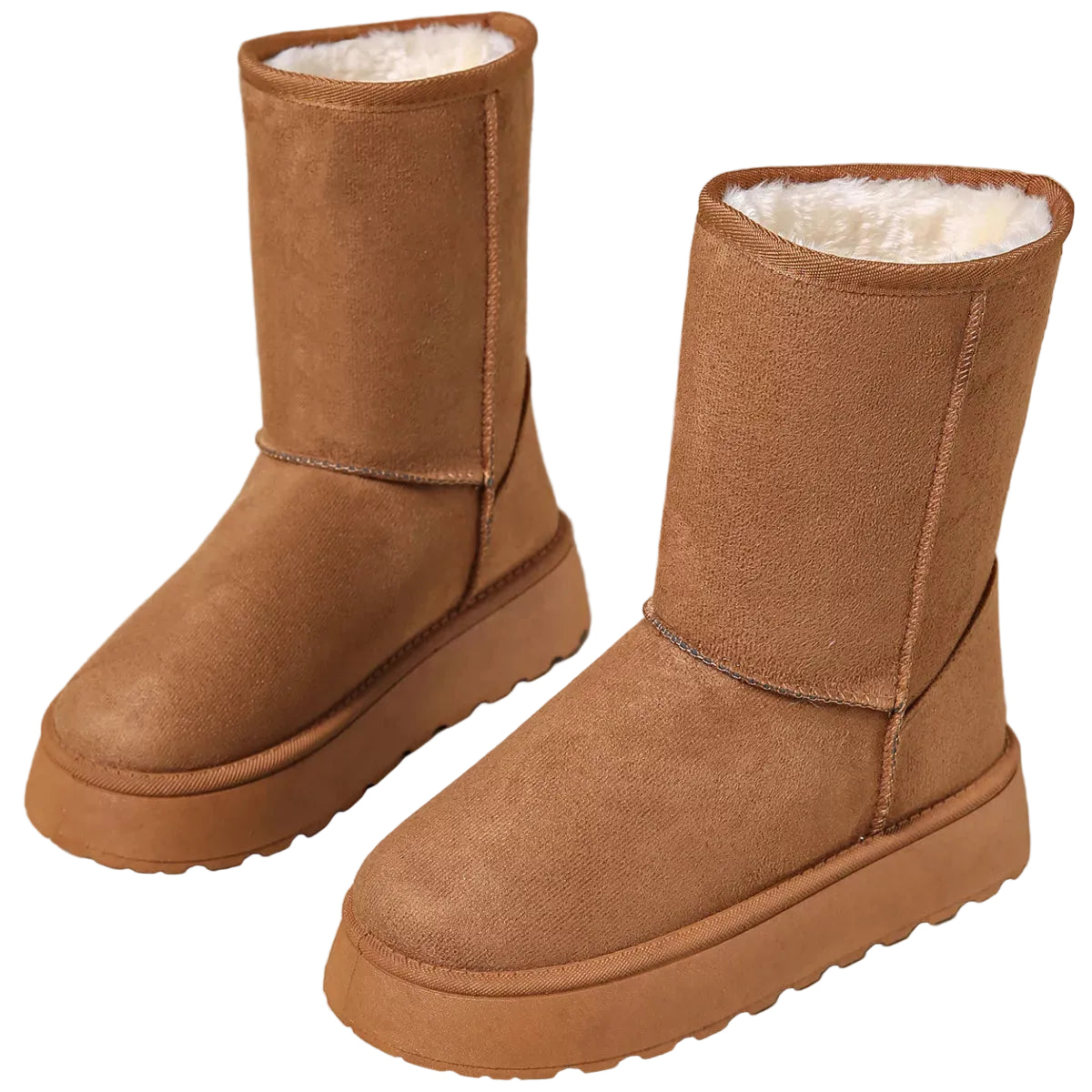 A pair of mid-calf brown suede boots with thick platform soles and a white shearling lining, shown on a neutral beige background.