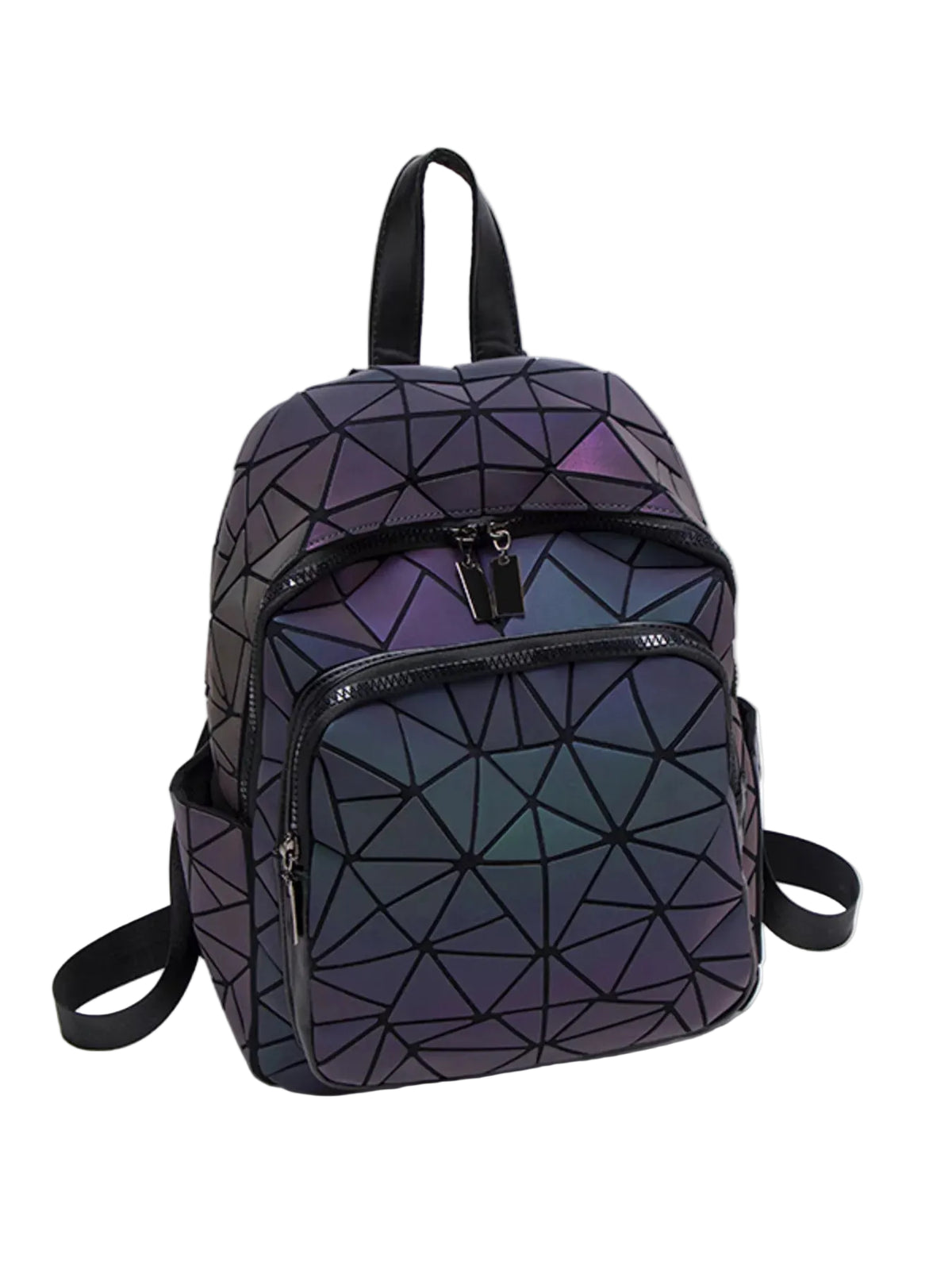 A geometric patterned backpack with an iridescent finish shifting from purple to green, featuring black zippers, top handles, and side straps, set against a plain white background.
