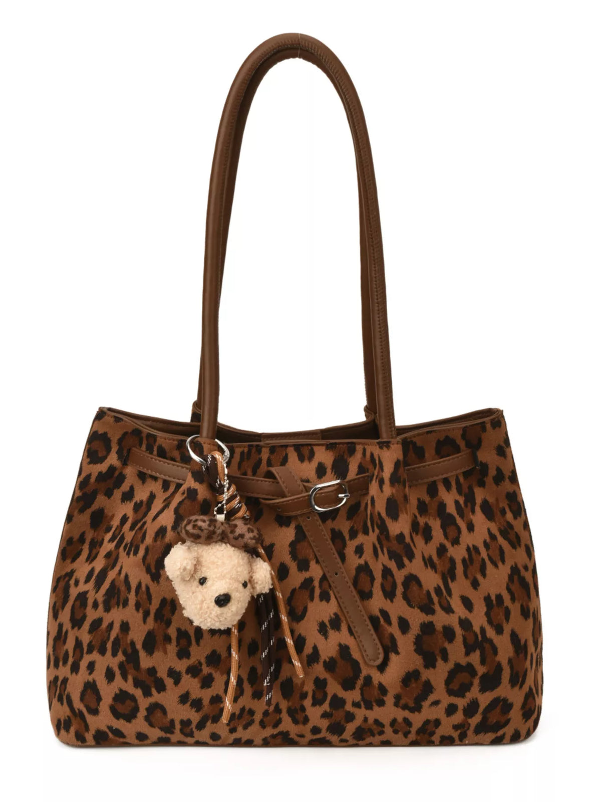 A brown and black leopard print tote bag with dark brown handles, a matching drawstring belt with a silver buckle, and a small plush teddy bear keychain hanging from the side.