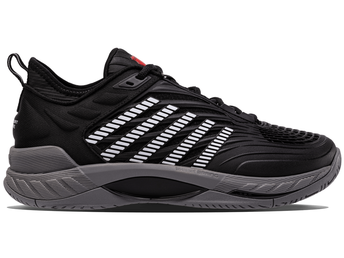 K-Swiss men's Hypercourt Supreme 2 tennis shoe in Black/Steel Gray/Fiery Red.