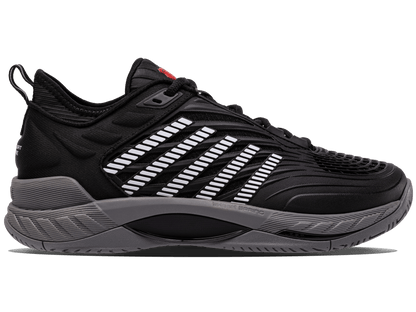 K-Swiss men's Hypercourt Supreme 2 tennis shoe in Black/Steel Gray/Fiery Red.