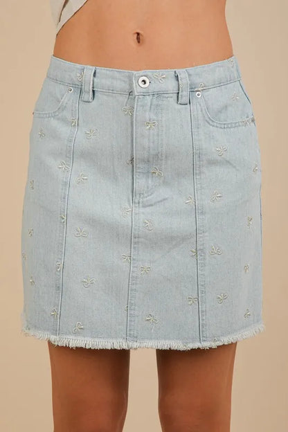 Bow Printed Casual Denim Mini Skirt.