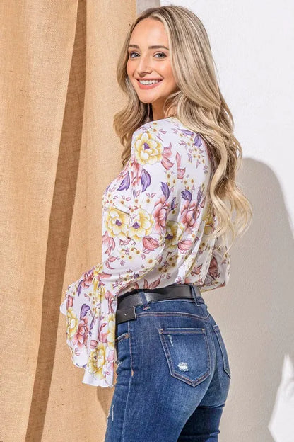 Floral Printed Bell Sleeve Casual Top.