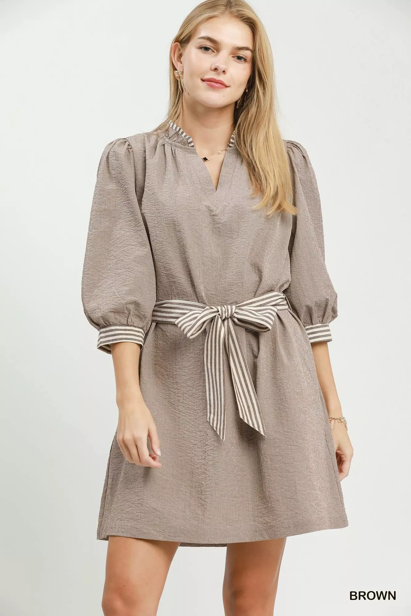 Textured Contrast Trim Tie Waist Mini Dress