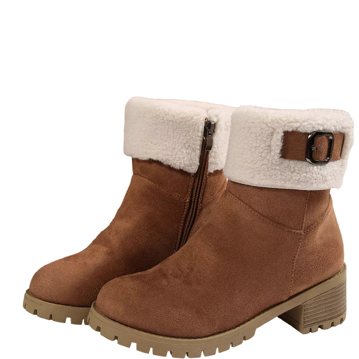 A pair of women's mid-calf boots in brown suede with a thick white faux-fur collar, a side zipper, and a decorative strap with a buckle on the outer cuff. They are shown next to a wicker basket against a textured beige background.