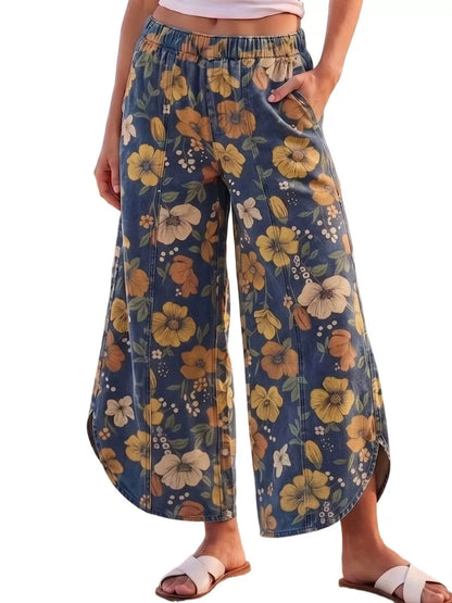 Floral print wide-leg jeans with elastic waist