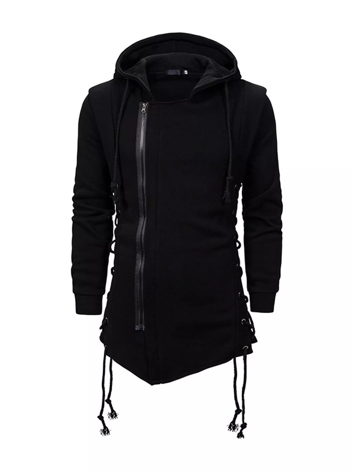 A black longline hooded sweatshirt with a front asymmetrical zipper, side laces, and drawstring ties at the hem, shown on a plain white background.