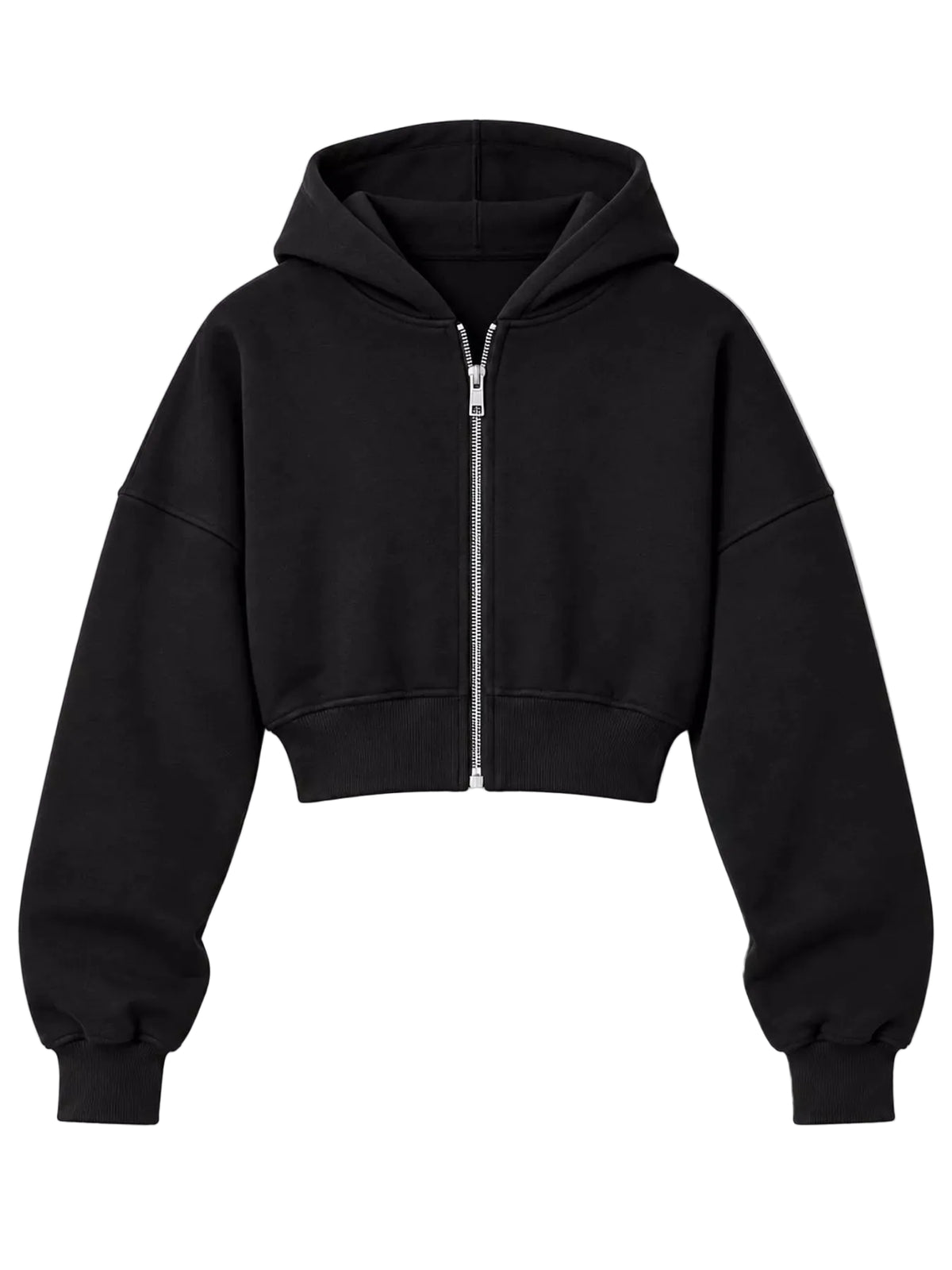 A black cropped zip-up hoodie with a silver zipper, ribbed cuffs, and a ribbed hem, displayed on a clean white background.