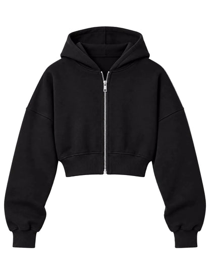A black cropped zip-up hoodie with a silver zipper, ribbed cuffs, and a ribbed hem, displayed on a clean white background.